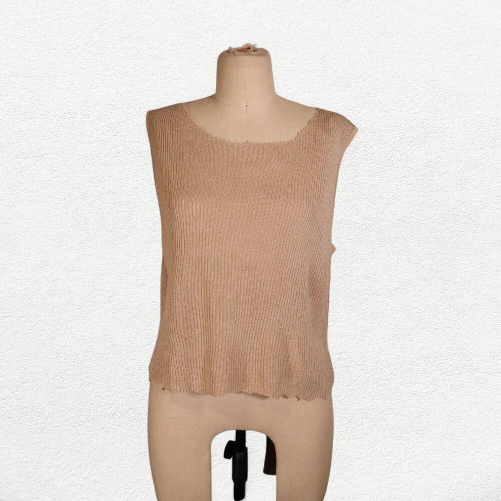 Vintage Dana Buchman Distressed Knit Tank Sweater Vest in Beige Tan